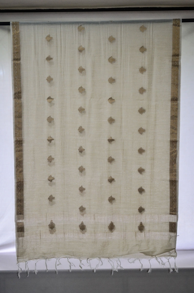 100% Pure Super Soft Muga Tussar Handloom with small Woven Butti Silk Dupatta ( This dupatta is a pure silk handloom product in its natural muga color can be dyed on prior request) For dyeing information please call us at 9930655009