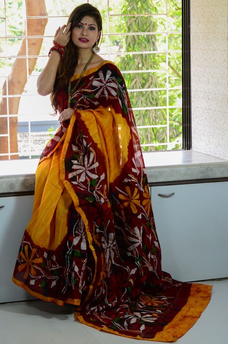 Chanderi Batik Mercerized Silk by Cotton Saree