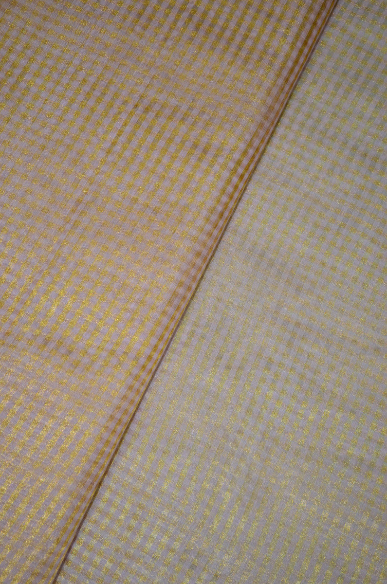 Handloom Pure Silk Chanderi Tissue Golden Zari Based  Checkered Fabric