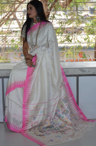 Pure Silk Completely Handwoven Moirang Phee Saree (Rani Phi - full handwoven pallu, temple bordered saree)