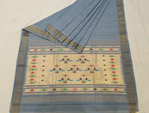 Traditional Belt Border Peacock Designed Woven Pure Mercerised Cotton Paithani Saree (This saree is a beautiful suttle light grey blue shade)