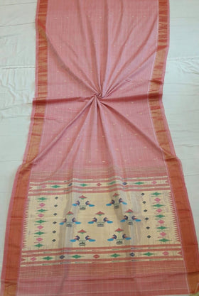 Traditional Belt Border Peacock Designed Woven Pure Mercerised Cotton Paithani Saree (This saree is a beautiful light red shade)
