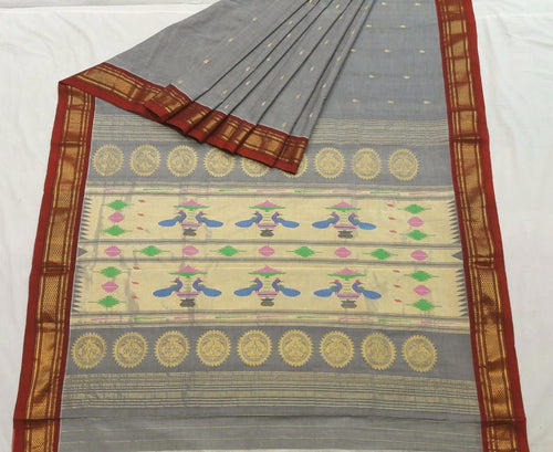 Traditional Contrasting Narali Border Peacock Designed Woven Pure Mercerised Cotton Paithani Saree (This saree is a beautiful light grey with a exclusively woven designer paddar)