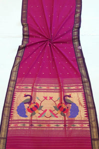 Traditional Narali Contrasting Border Double Tissue Big Booti Peacock Paisley Ensemble Pallu  Designed Woven Pure Mercerised Cotton Paithani Saree
