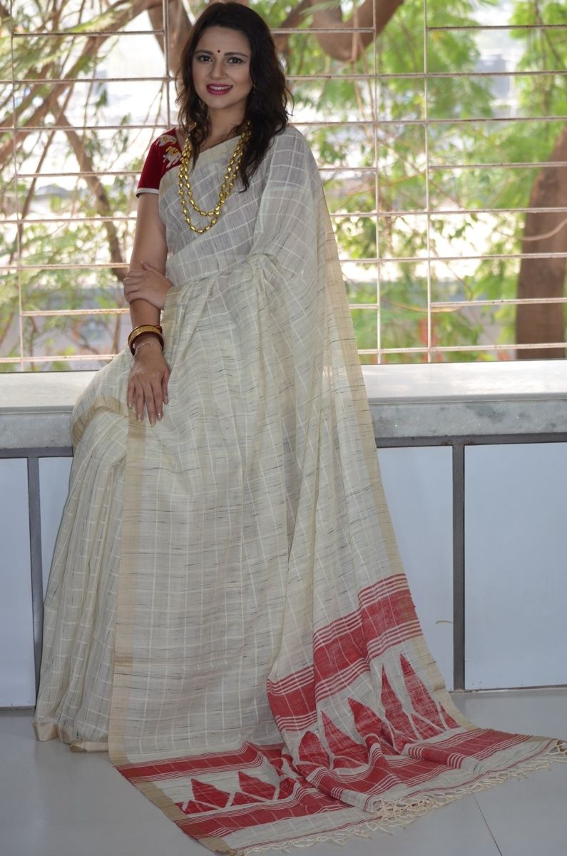 Linen Ghicha Khadi Tussar Cotton by Silk Handloom Saree