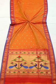 Pure Silk Paithani Saree With Traditional Narali Border Parrot Peacock Designed Woven Pallu - (This is a double tissue paddar/pallu paithani saree).