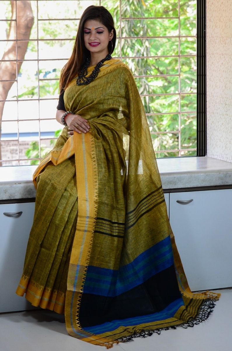 Pure Linen by Linen Woven Temple Bordered Saree