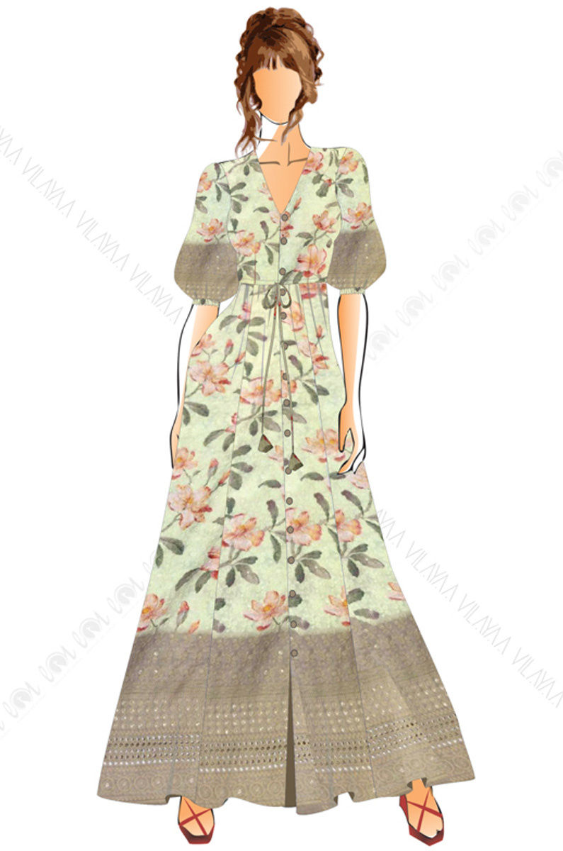 Spring Summer - 2020 - Full Length Floral Paneled Dress With 3/4 balloon Sleeves