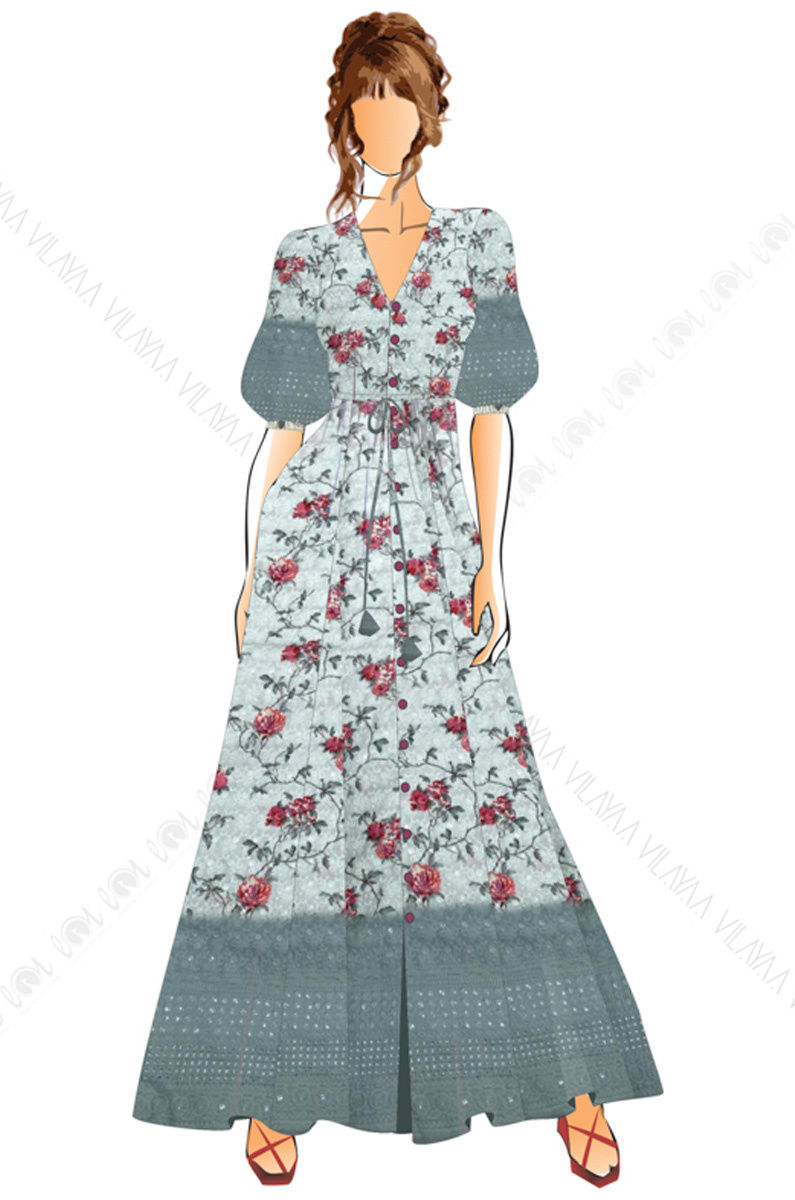 Spring Summer - 2020 - Full Length Floral Paneled Dress With 3/4 balloon Sleeves. To see the exact design and color of the fabric please go to the 3rd,4th and 5th images uploaded. (For any further inquiries please call us at 9930655009)