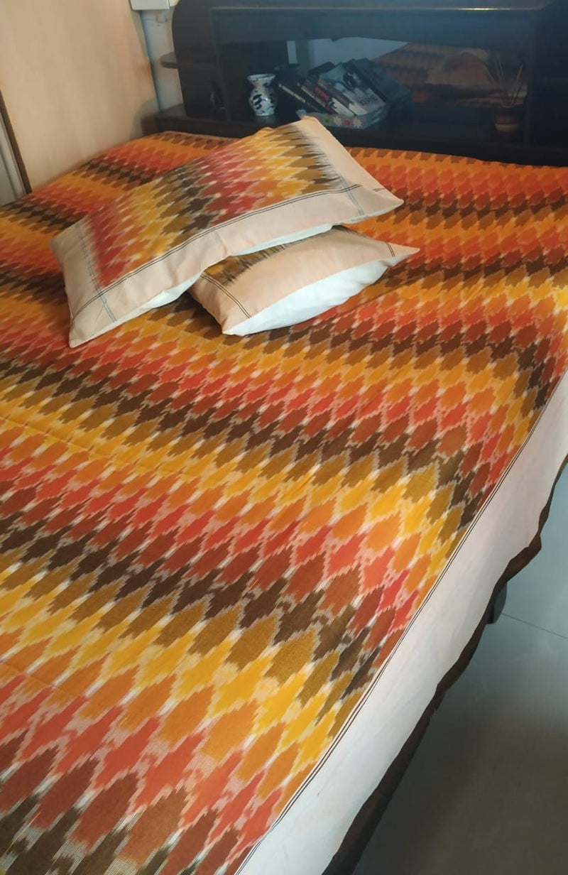 Pure Handloom Mercerised Cotton Double Ikat Full Size Bedsheet With Two Pillow Covers