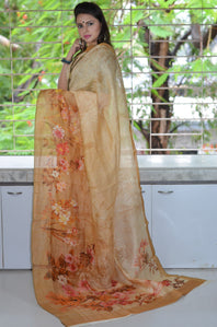 Pure 100%  Woven Linen  Muga Silk Digital Art Printed Saree.