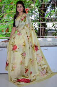 Pure 100%  Woven Linen  Muga Silk Digital Art Printed Saree.