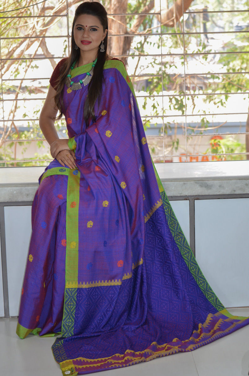 Handwoven  100% Pure Eri Silk Assamese  Inspired Woven Jaal Pallu  Booti Saree