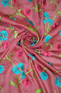 Pure Linen Silk All Over Embroidered Flower Designed Fabric