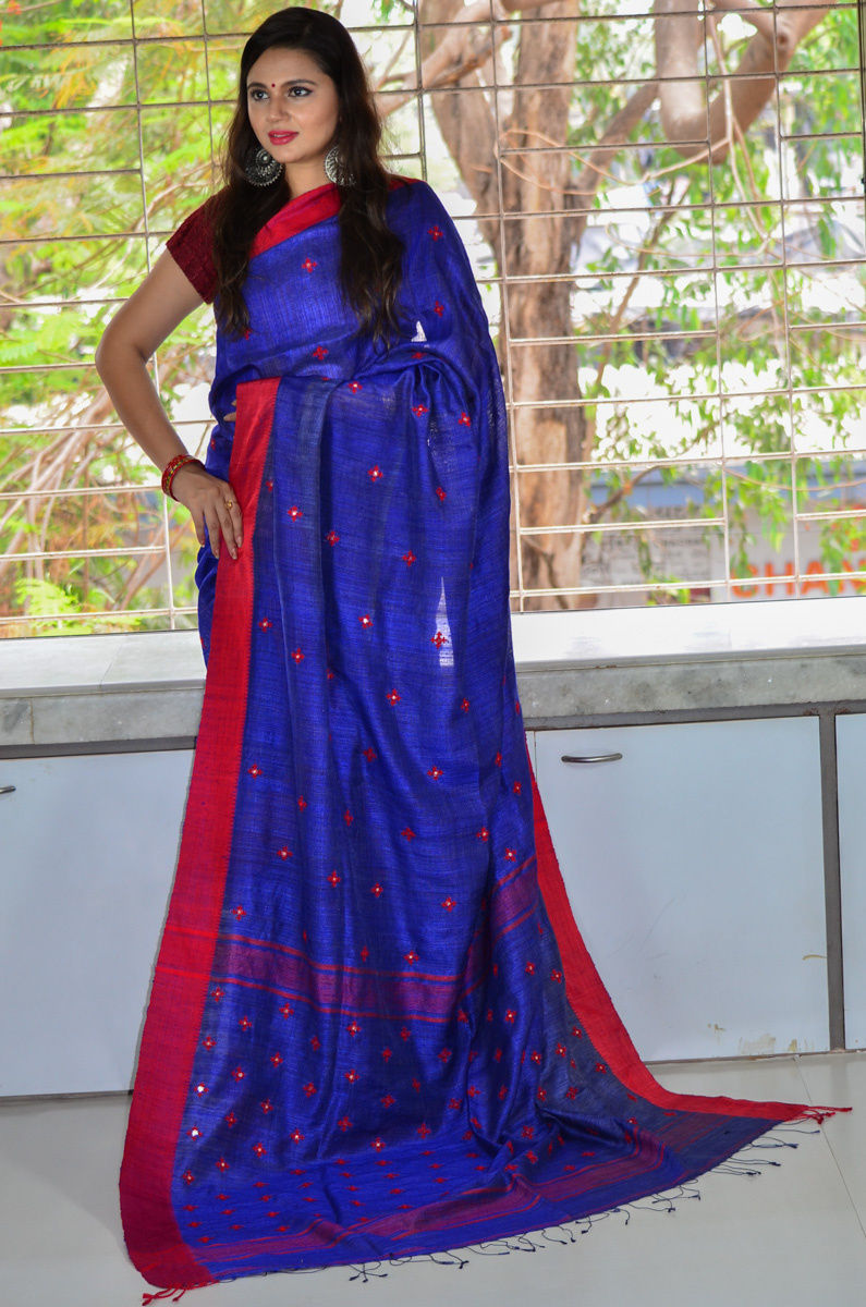 Pure Tussar Silk Kantha/Rabari Embroidered Designer Saree