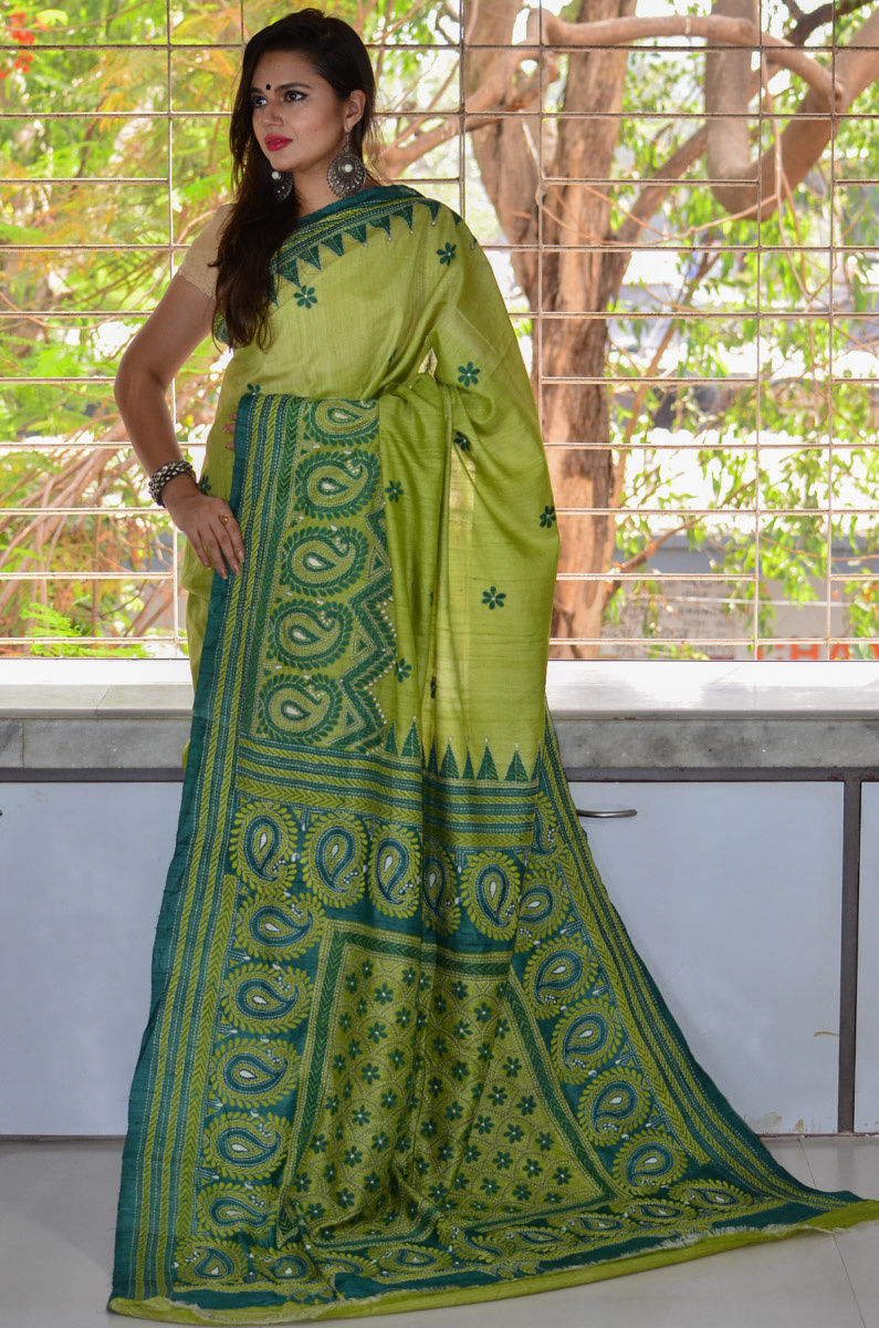 Pure Tussar Silk Kantha  Hand - Work Designer Saree