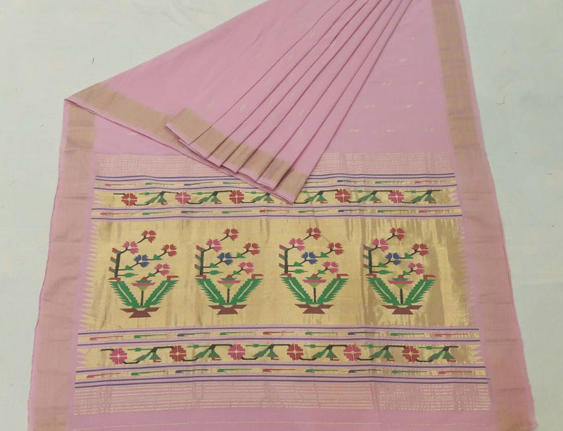 Traditional Belt Border Very Fine Light Pink Asawali, flowering vine motifs Mercerized Cotton Paithani Saree