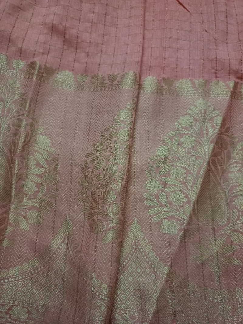 100% Pure Yarn Dyed Muga Tussar Handloom Silk Fabric, with a broad woven one sided border.