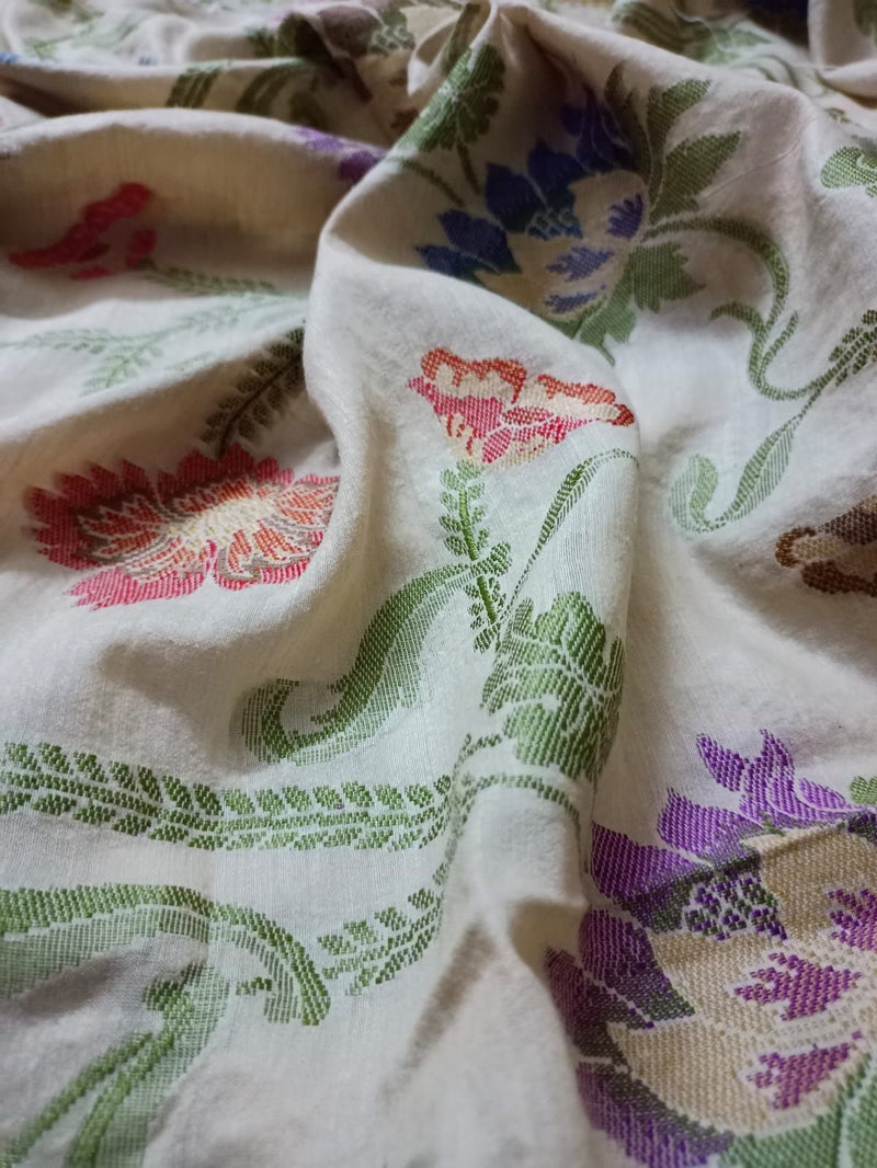 100% Pure Muga Tussar Full Jaal (Persian Inspired) Floral Motifs Woven Handloom Natural Silk Fabric.