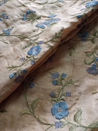 100% Pure Tussar Handloom Silk Fabric With Full Jaal English Inspired Machine Embroidered Floral Motifs