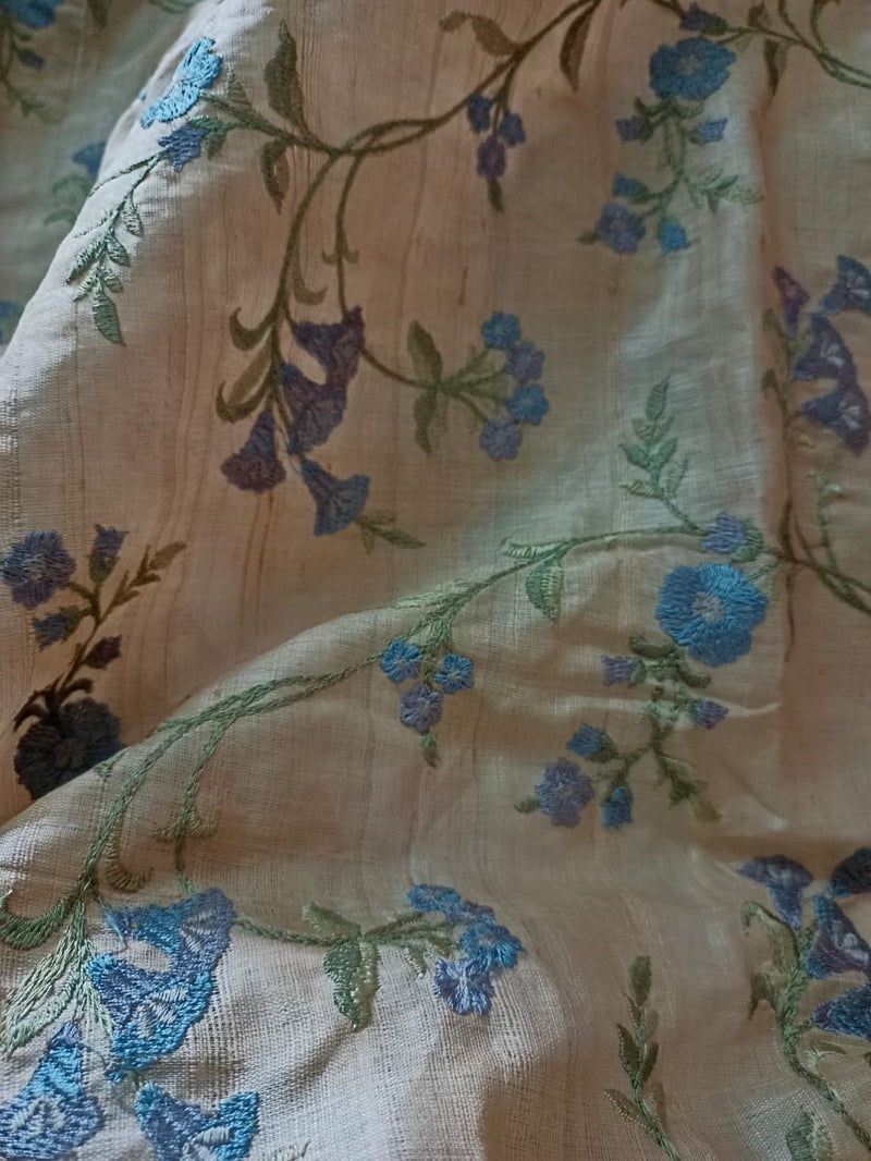 100% Pure Tussar Handloom Silk Fabric With Full Jaal English Inspired Machine Embroidered Floral Motifs