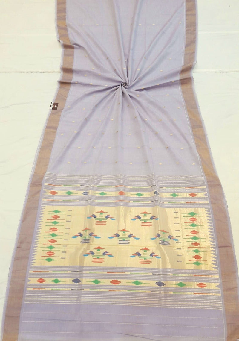 Traditional Belt Border Peacock Designed Woven Pure Mercerised Cotton Paithani Saree (This saree is a suttle light purple shade)