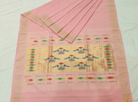 Traditional Belt Border Peacock Designed Woven Pure Mercerised Cotton Paithani Saree (This saree is a suttle light peachy pink shade)
