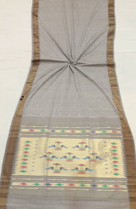 Traditional Belt Border Peacock Designed Woven Pure Mercerised Cotton Paithani Saree (This saree is a suttle light grey shade)