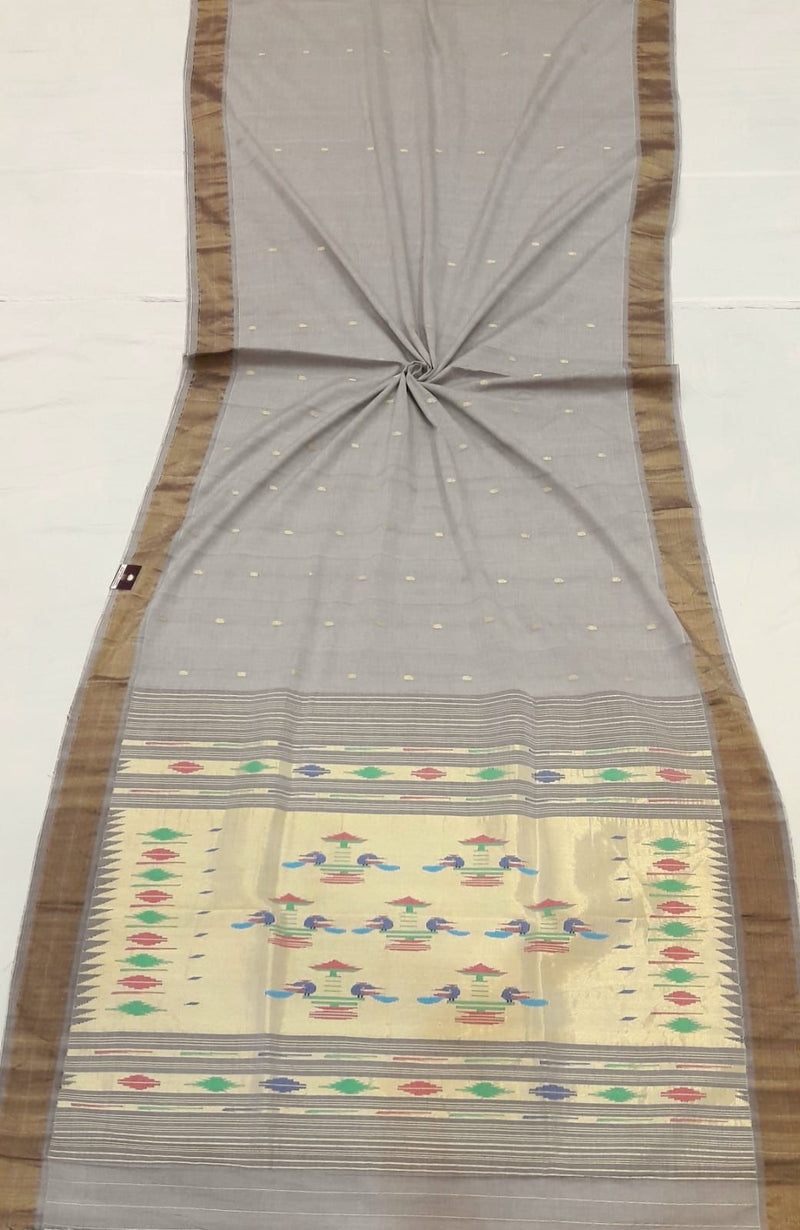 Traditional Belt Border Peacock Designed Woven Pure Mercerised Cotton Paithani Saree (This saree is a suttle light grey shade)