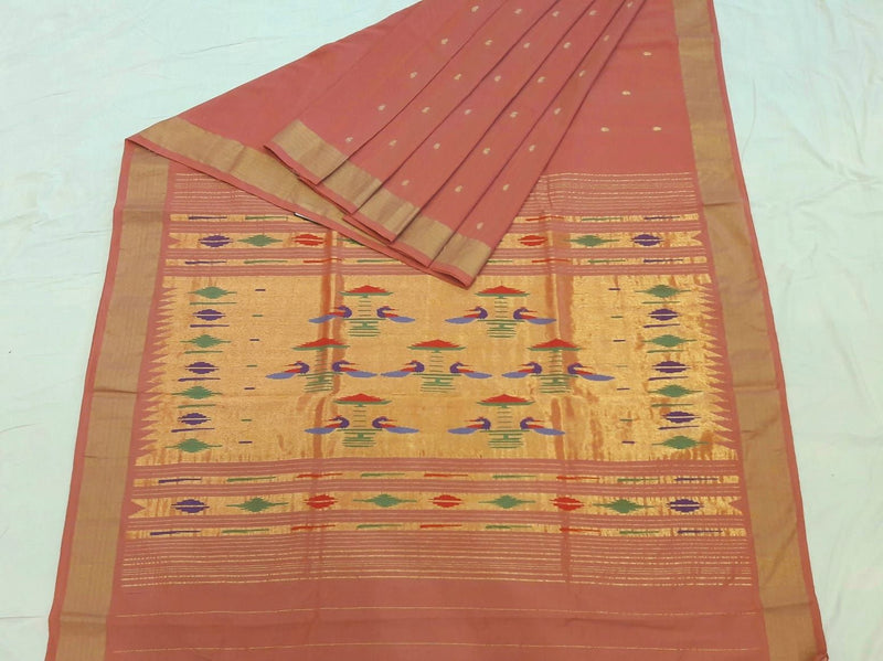 Traditional Belt Border Peacock Designed Woven Pure Mercerised Cotton Paithani Saree (This saree is a suttle light orange shade)