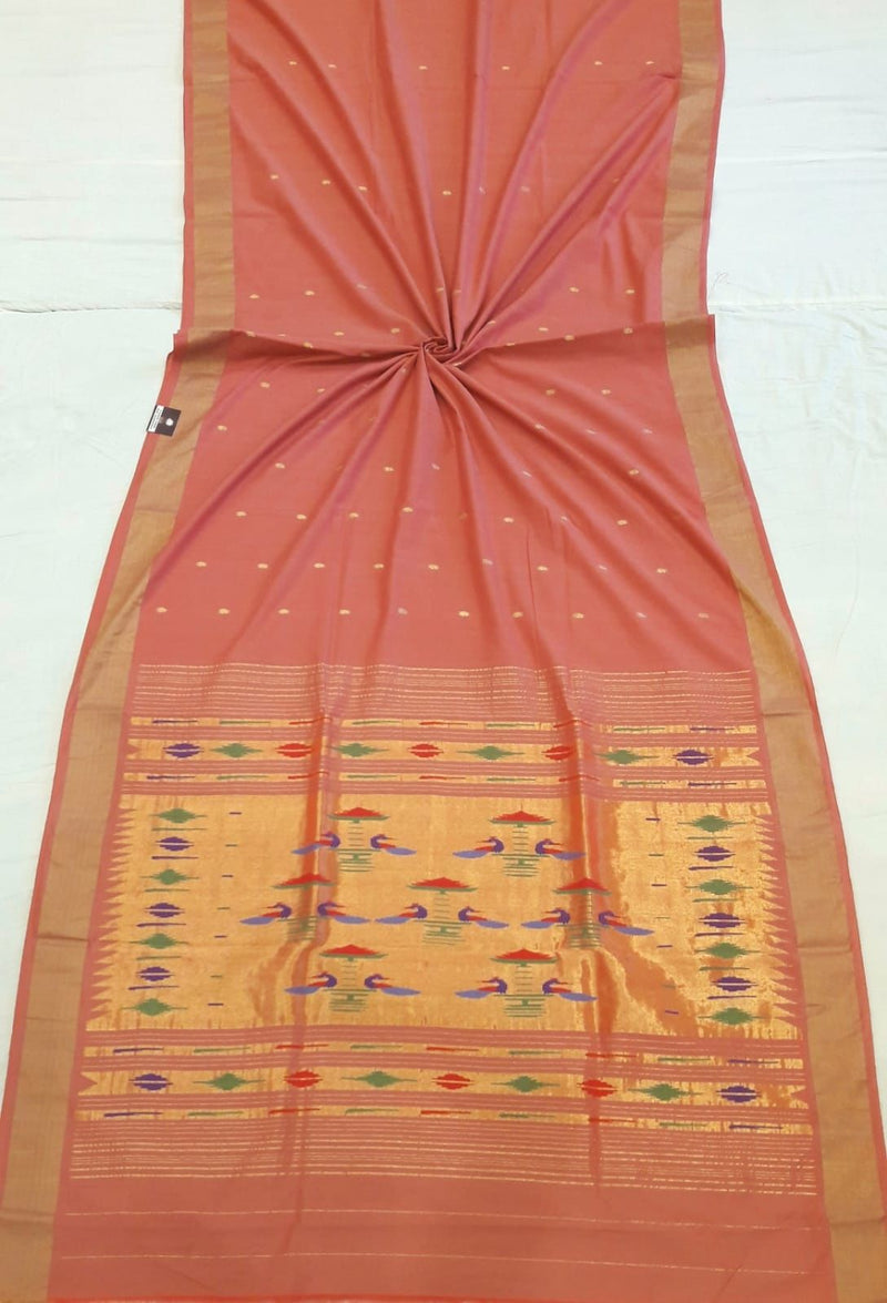Traditional Belt Border Peacock Designed Woven Pure Mercerised Cotton Paithani Saree (This saree is a suttle light orange shade)