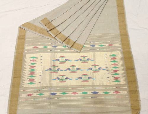 Traditional Belt Border Peacock Designed Woven Pure Mercerised Cotton Paithani Saree (This saree is a suttle light olive green shade)