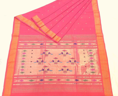 Traditional Belt Border Peacock Designed Woven Pure Mercerised Cotton Paithani Saree (This saree is a beautiful pink shade)