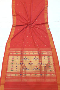 Traditional Belt Border Peacock Designed Woven Pure Mercerised Cotton Paithani Saree (This saree is a carrot red shade)