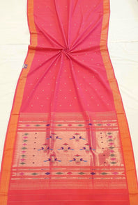 Traditional Belt Border Peacock Designed Woven Pure Mercerised Cotton Paithani Saree (This saree is a beautiful pink shade)