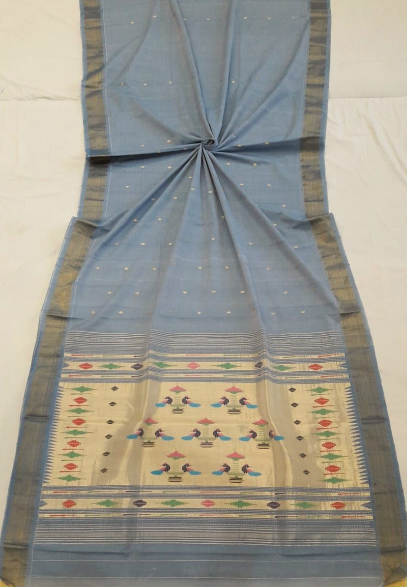 Traditional Belt Border Peacock Designed Woven Pure Mercerised Cotton Paithani Saree (This saree is a beautiful suttle light grey blue shade)