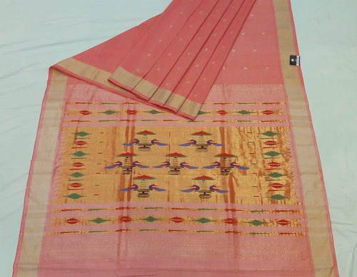 Traditional Belt Border Peacock Designed Woven Pure Mercerised Cotton Paithani Saree (This saree is a beautiful suttle light orange skin pink shade)