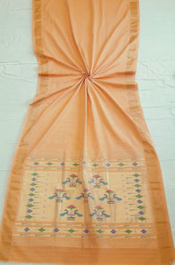 Traditional Belt Border Peacock Designed Woven Pure Mercerised Cotton Paithani Saree (This saree is a beautiful suttle light orange shade)