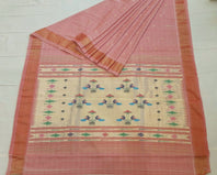 Traditional Belt Border Peacock Designed Woven Pure Mercerised Cotton Paithani Saree (This saree is a beautiful light red shade)
