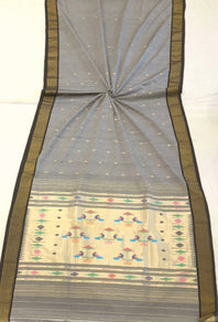 Traditional Belt Border Peacock Designed Woven Pure Mercerised Cotton Paithani Saree (This saree is a beautiful light grey shade with contrasting darker black grey extra weft woven belt border)