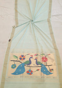 Traditional Belt Border Double Tissue Big Booti Peacock Paisley Ensemble Pallu  Designed Woven Pure Mercerised Cotton Paithani Saree