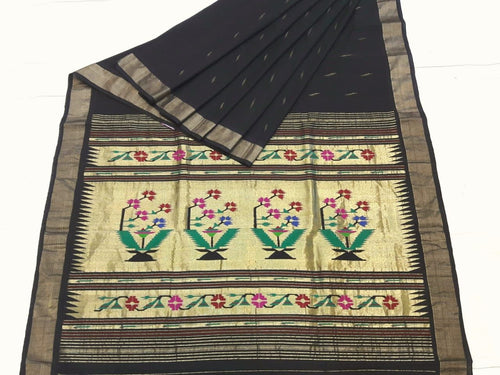Traditional Belt Border Very Fine Black Asawali, flowering vine motifs Mercerized Cotton Paithani Saree