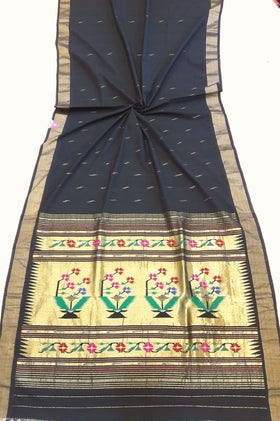 Traditional Belt Border Very Fine Black Asawali, flowering vine motifs Mercerized Cotton Paithani Saree