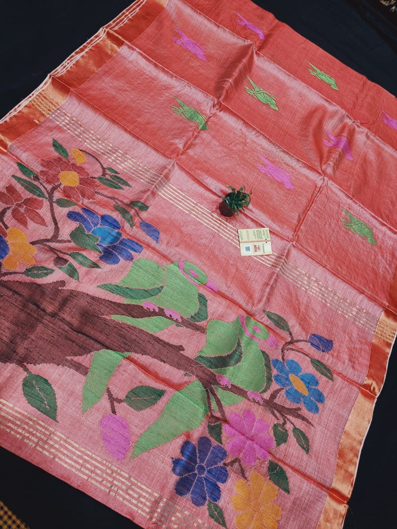 Chhattisgarh Pure Desi Tussar Silk Parrot Heavy Design Pallu All Over Body Buta Saree With Contrast Blouse - For a video of this saree please call us at 9930655009