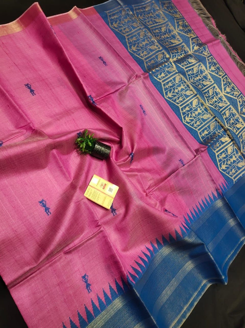 Chhattisgarh Pure Desi Tussar Silk Temple Border Saree With Warli Inspired Tribal Art Buti  With Contrast Blouse