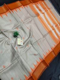 Chhattisgarh Pure Desi Tussar Silk Temple Border Saree With Warli Inspired Tribal Art Buti  With Contrast Blouse