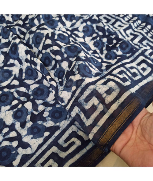 Indigo Block Printed Cotton Silk Handwoven Chanderi Sarees