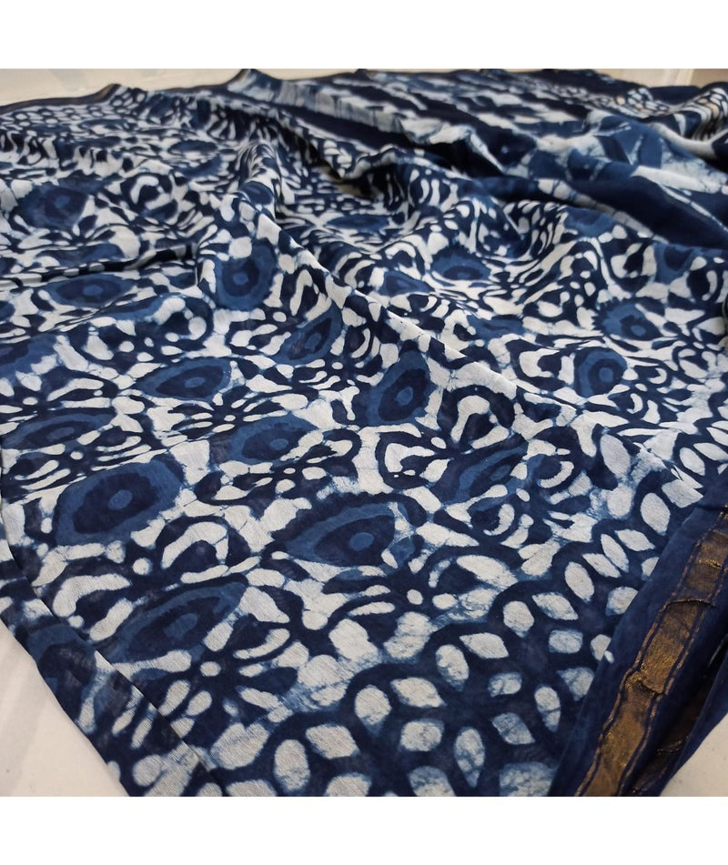 Indigo Block Printed Cotton Silk Handwoven Chanderi Sarees