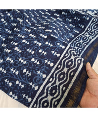 Indigo Block Printed Cotton Silk Handwoven Chanderi Sarees