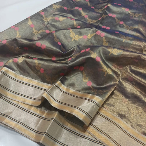 Handwoven Chanderi Tissue Organza Pattu Silk All Over Woven Jaal Work  Saree (With Blouse) ( FOR A VIDEO OF THIS SAREE PLEASE CALL US AT 9930655009)